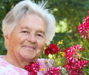 senior woman with white hair tending red flowers