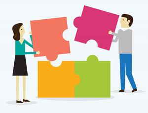 illustration of people moving together oversized puzzle pieces