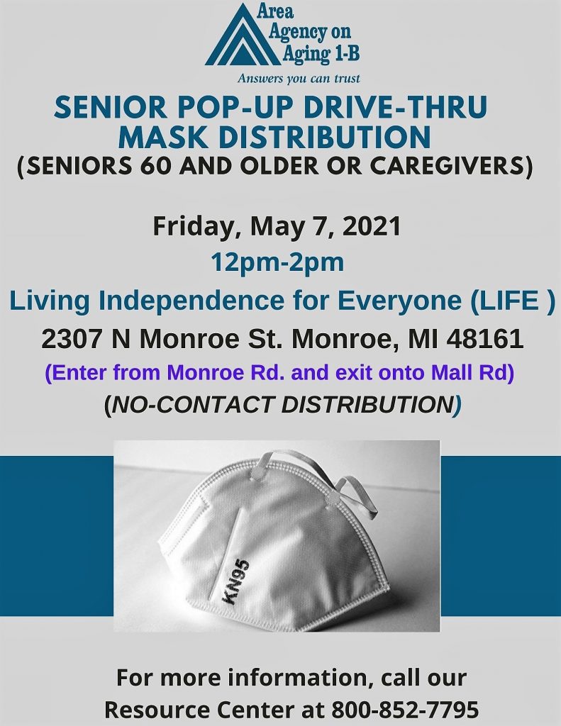 Flyer for face mask distribution event in Monroe, Mi in Friday, May 7, 2021