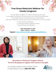 Flyer Area Agency on Aging 1-B Caregiver Stress Reduction Webinar