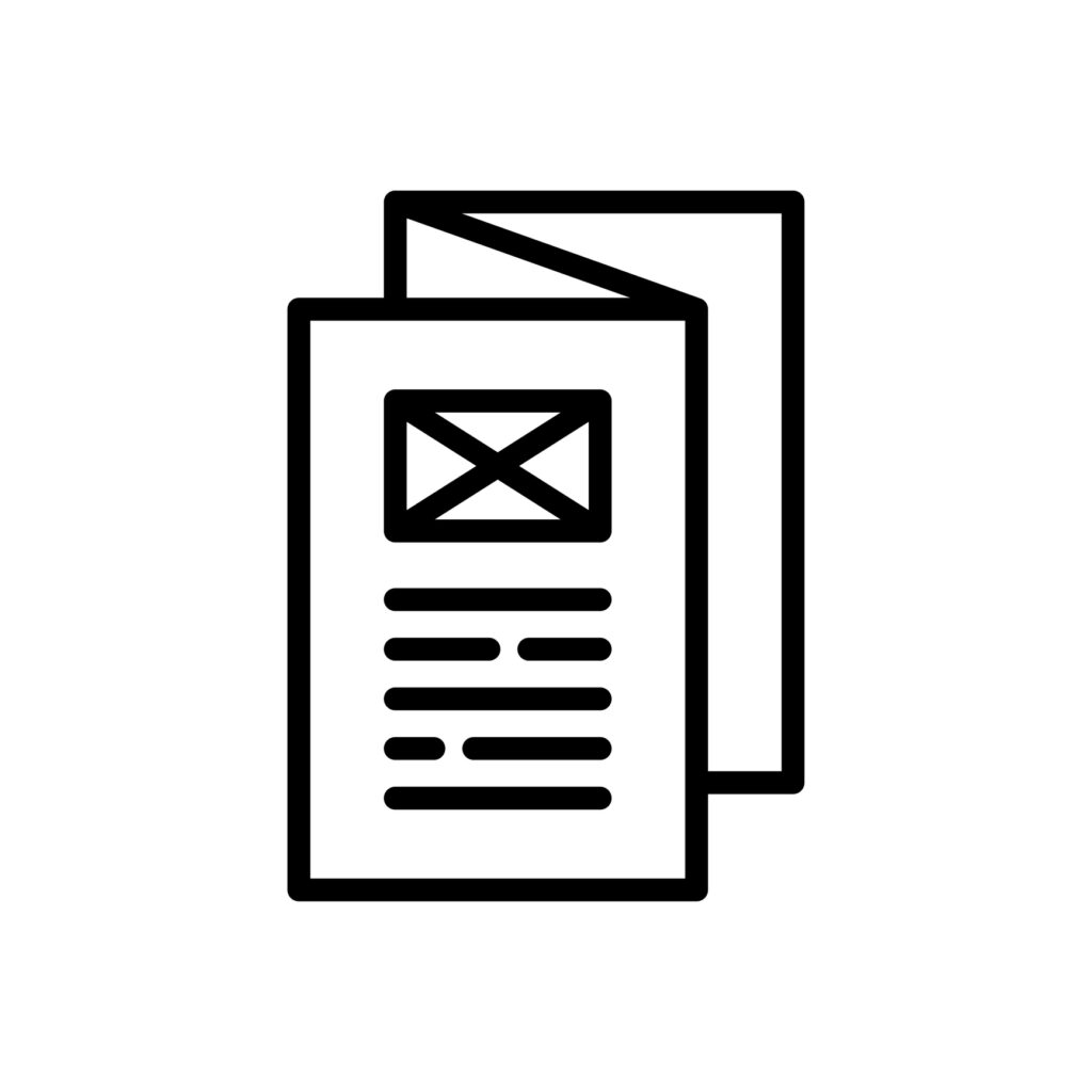 A simple line drawing of a Brochure. The illustration style of the image is minimalist, geometric, Modern and iconic, akin to a symbol or .